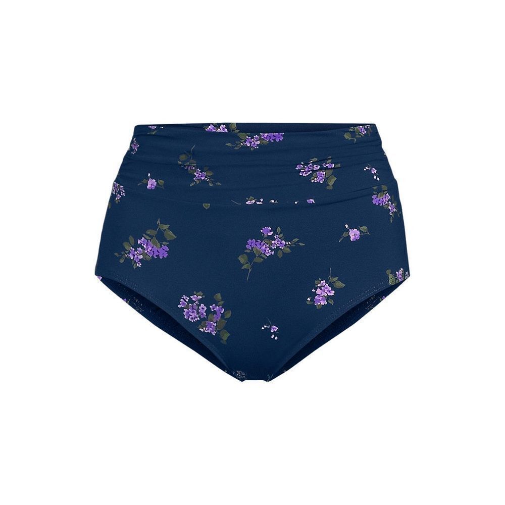 Land's End Plus Size High Waist Bikini Bottoms deep sea Navy bouquet floral 14